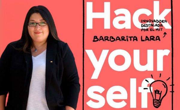 "Imagen de Barbarita Lara sonriendo con un fondo de tecnología y naturaleza, simbolizando la fusión de innovación y resiliencia personal descritas en su libro 'Hack Yourself'."