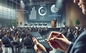 Imagen de una conferencia corporativa con asistentes tomando notas y participando en encuestas en vivo desde sus dispositivos móviles, mientras el ponente presenta métricas sobre el impacto del evento.