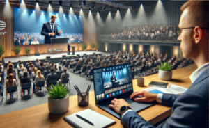 Un asistente de conferencia observa un evento corporativo híbrido. A la izquierda, un conferencista habla en un auditorio lleno de asistentes. A la derecha, otro participante sigue la conferencia de manera remota desde su laptop en un escritorio moderno. La imagen destaca la integración de eventos presenciales y virtuales en 2025.