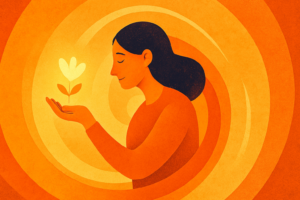 Ilustración de una mujer sosteniendo una flor luminosa en la palma de su mano, simbolizando la generosidad como un acto de crecimiento personal.
