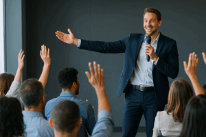 Hombre dando una charla motivacional a un grupo de personas que participan activamente levantando la mano.