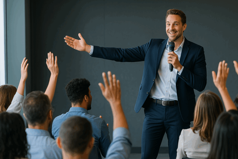 Hombre dando una charla motivacional a un grupo de personas que participan activamente levantando la mano.